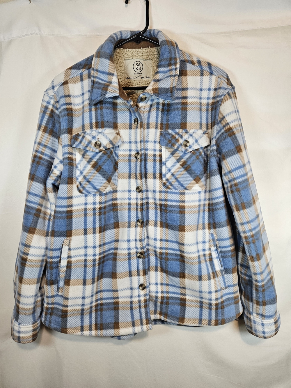 Sage Blue, White & Brown Plaid Button Down Teddy Jacket